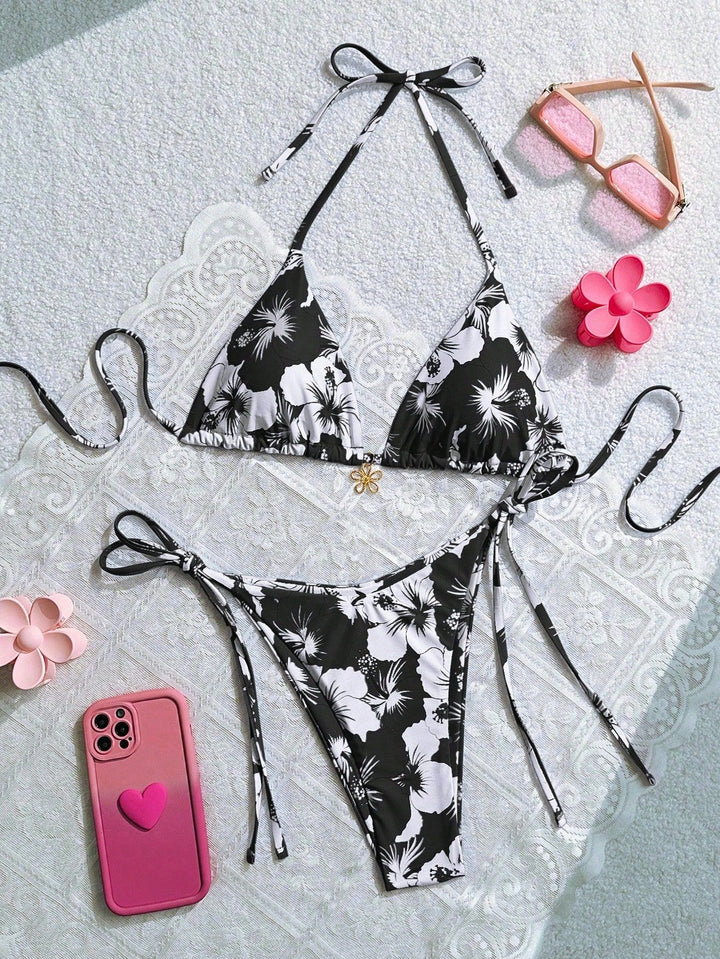 Damen Triangel-Bikini mit floralen Akzenten und raffinierten Bindebändern Echo Archiv