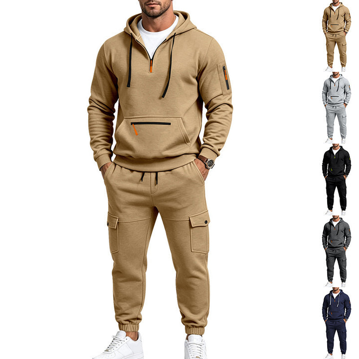 Herren Zweiteiliges Fleece-Loungewear-Set mit Halbzip-Kapuze und Cargo-Jogger – Cavarno