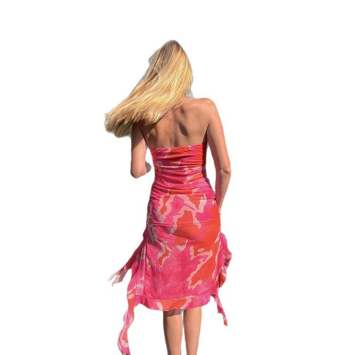 Damen elegantes Rüschenkleid mit trägerlosem Oberteil und asymmetrischem Saum Echo Archiv