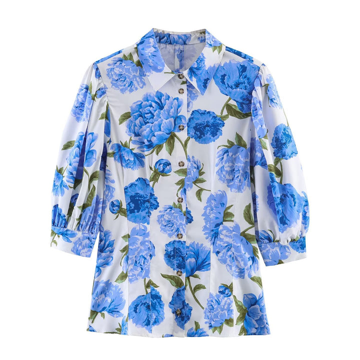 Damen Hemdbluse im A-Linien‑Schnitt mit floraler Allover‑Print, taillierten Teilungsnähten und Puffärmeln Echo Archiv