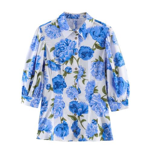 Damen Hemdbluse im A-Linien‑Schnitt mit floraler Allover‑Print, taillierten Teilungsnähten und Puffärmeln Echo Archiv
