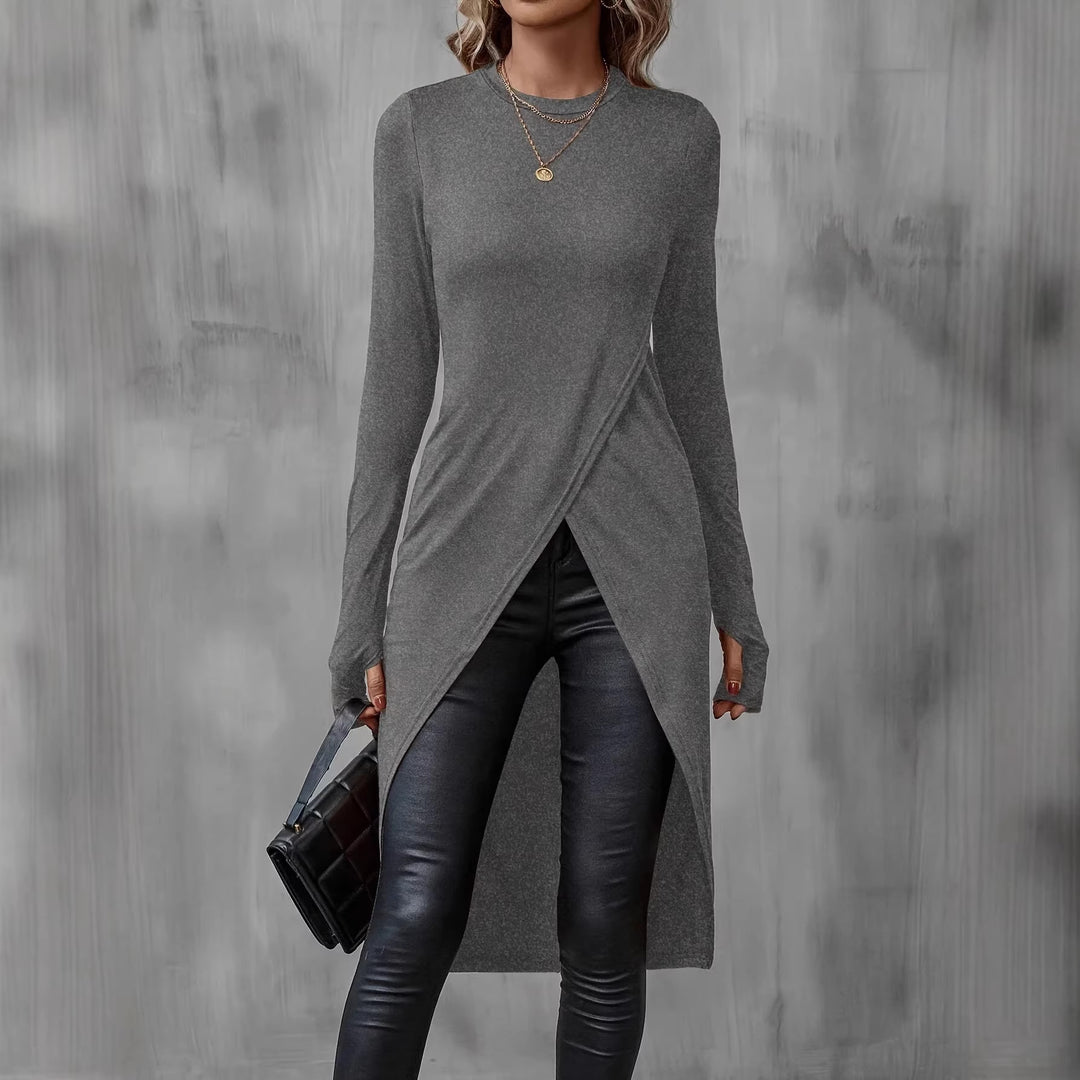 Damen Langes asymmetrisches Wickel-Tunika-Top mit Frontschlitz – Avérine