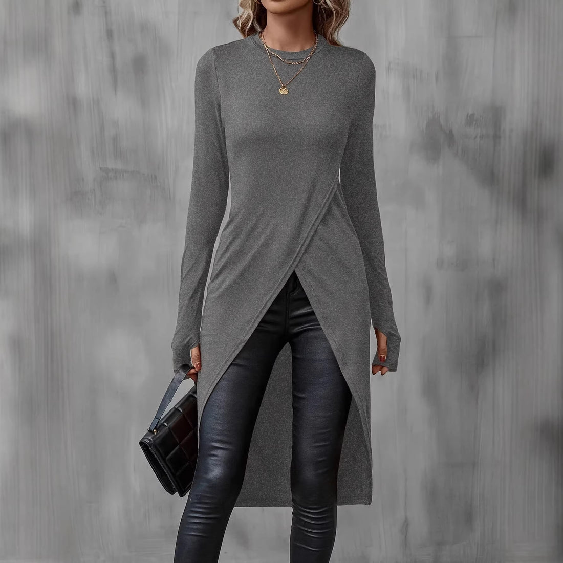 Damen Langes asymmetrisches Wickel-Tunika-Top mit Frontschlitz – Avérine