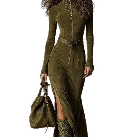 Damen Figurbetontes Midikleid aus Velourslederimitat mit Stehkragen und Zentralem Reißverschluss Echo Archiv