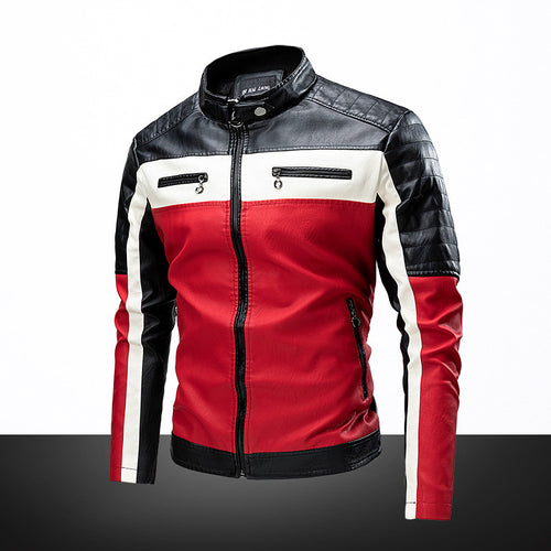 Herren Biker-Lederjacke im Retro-Rennstil mit Stehkragen und Kontraststreifen – Valtoré