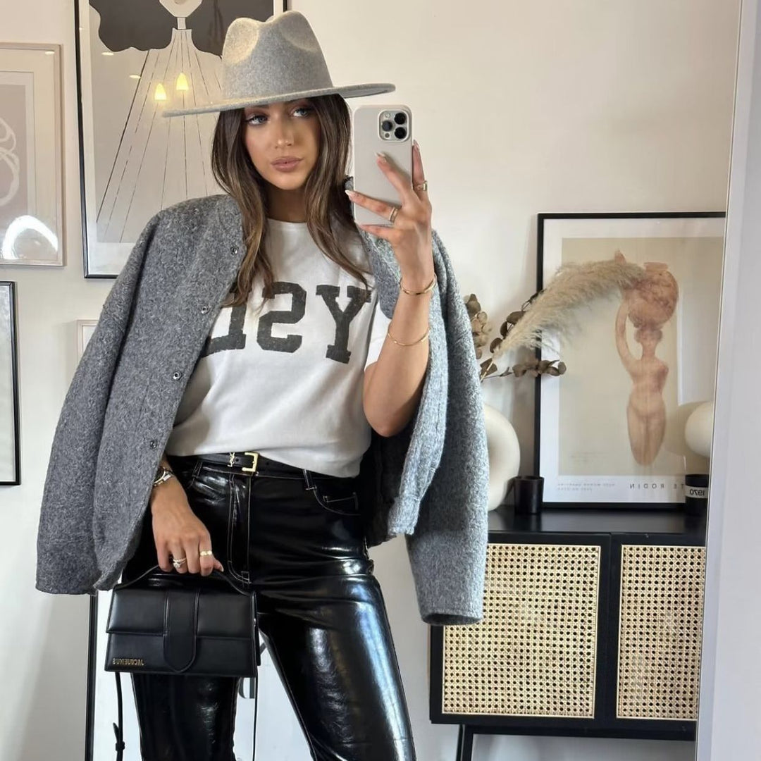 Damen boxy Wollmix-Blouson mit Stehkragen, verdeckter Frontleiste, Eingrifftaschen und elastischem Saum – Célinea