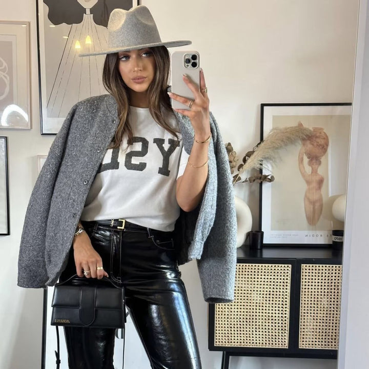 Damen boxy Wollmix-Blouson mit Stehkragen, verdeckter Frontleiste, Eingrifftaschen und elastischem Saum – Célinea