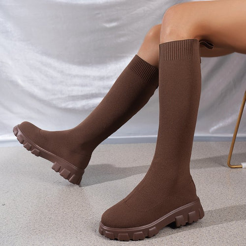 Damen Strick-Overknee-Stiefel mit elastischem Sock-Schaft und klobiger Lug-Sohle Echoarchiv