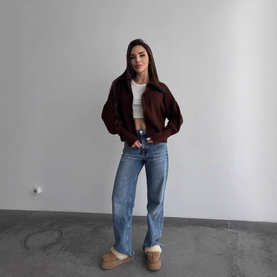 Damen Grobstrick-Zipper-Cardigan mit Ballonärmeln und Stehkragen Echoarchiv