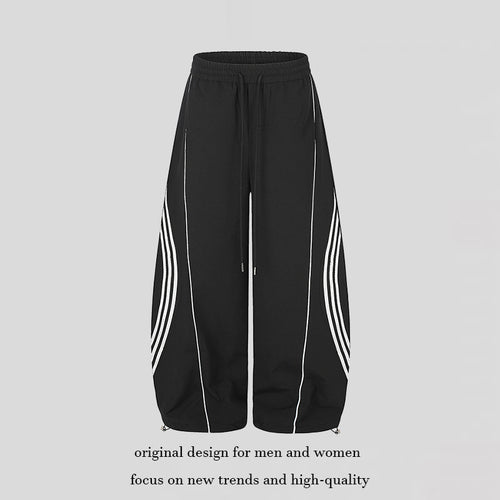 Damen Weite Tech-Material Palazzohose mit Tunnelzugbund, reflektierenden Seitenstreifen und verstellbarem Kordel-Saum Echoarchiv