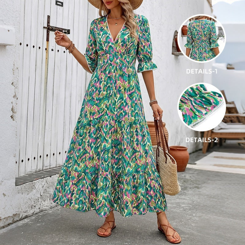 Damen Langes Maxikleid mit Rüschendetails und V-Ausschnitt Echo Archiv
