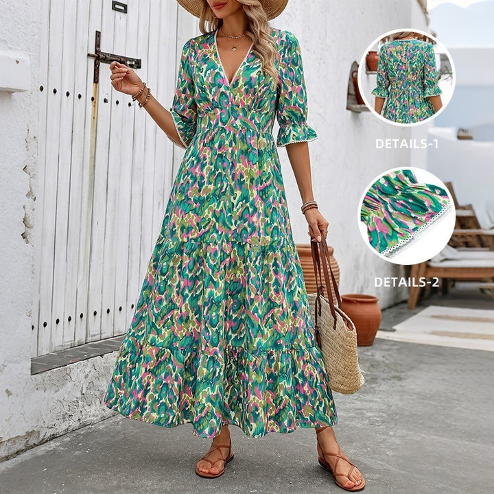 Damen Langes Maxikleid mit Rüschendetails und V-Ausschnitt Echo Archiv
