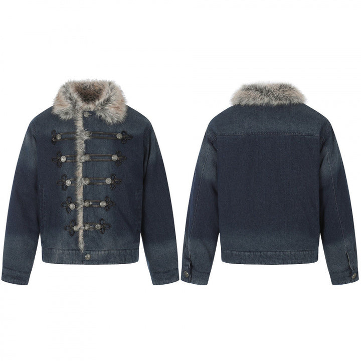 Herren Jeansjacke im Military‑Inspirierten Ornamentstil mit Kunstfellbesatz Echo Archiv
