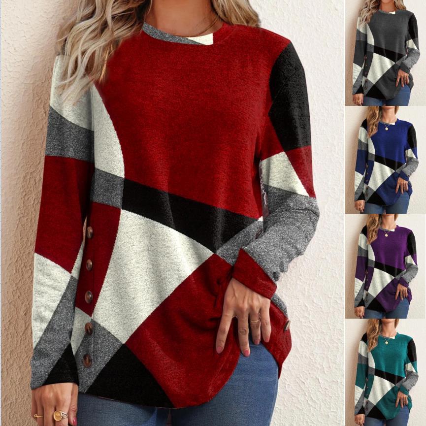 Damen Oversize Langarm Tunika mit geometrischem Farbschema