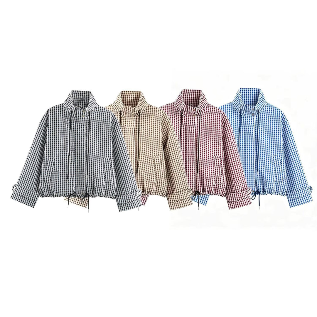 Damen Kurzjacke im Karo‑Look mit Tunnelzugsaum und hohem Stehkragen Echoarchiv