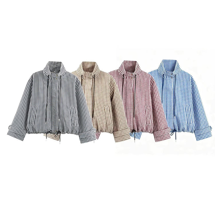 Damen Kurzjacke im Karo‑Look mit Tunnelzugsaum und hohem Stehkragen Echoarchiv