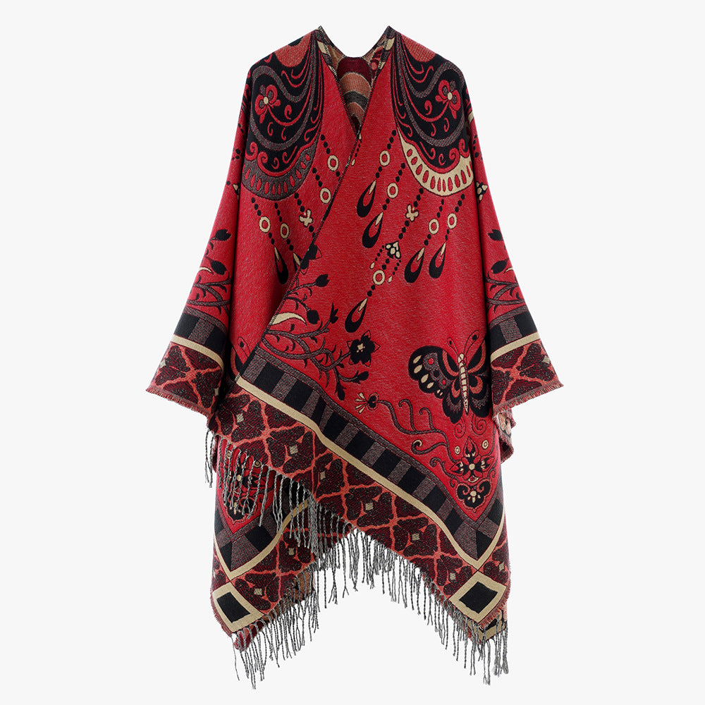 Damen Gewebter Kimono-Poncho mit Ornamentjacquard, V-Ausschnitt und Fransensaum – Avérine