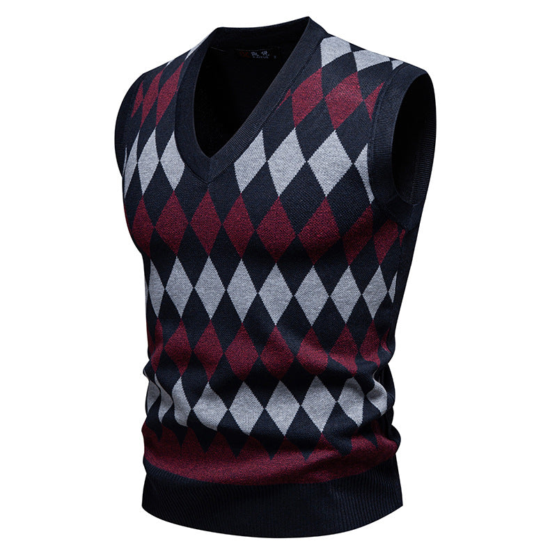 Herren ärmelloser Pullover mit rautenförmigem Muster und modernem V-Ausschnitt Echoarchiv