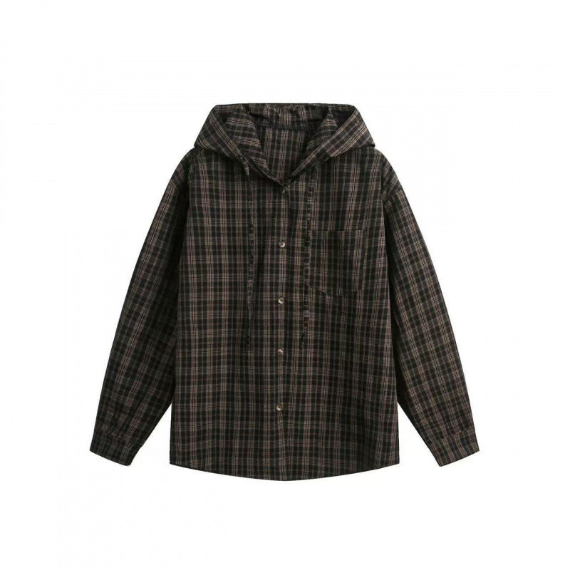 Unisex Weite karierte Kapuzen-Hemdjacke aus Baumwollflanell mit aufgesetzter Brusttasche Echo Archiv