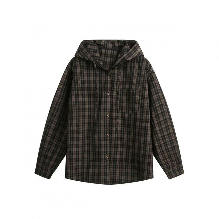 Unisex Weite karierte Kapuzen-Hemdjacke aus Baumwollflanell mit aufgesetzter Brusttasche Echo Archiv