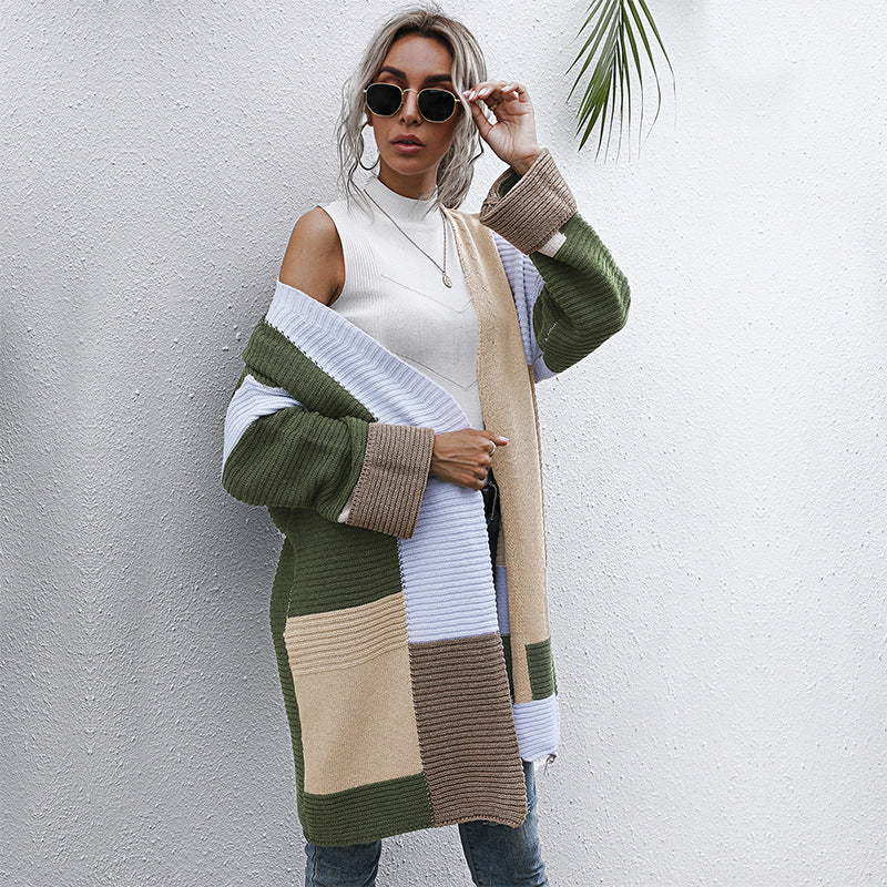 Damen Patchwork-Strickcardigan mit offenem Schnitt und kastiger Oversize-Passform – Veloura
