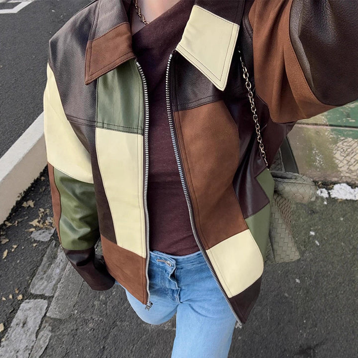 Damen Patchwork-Lederjacke mit Reißverschluss und Oversize-Boxy-Schnitt Echoarchiv