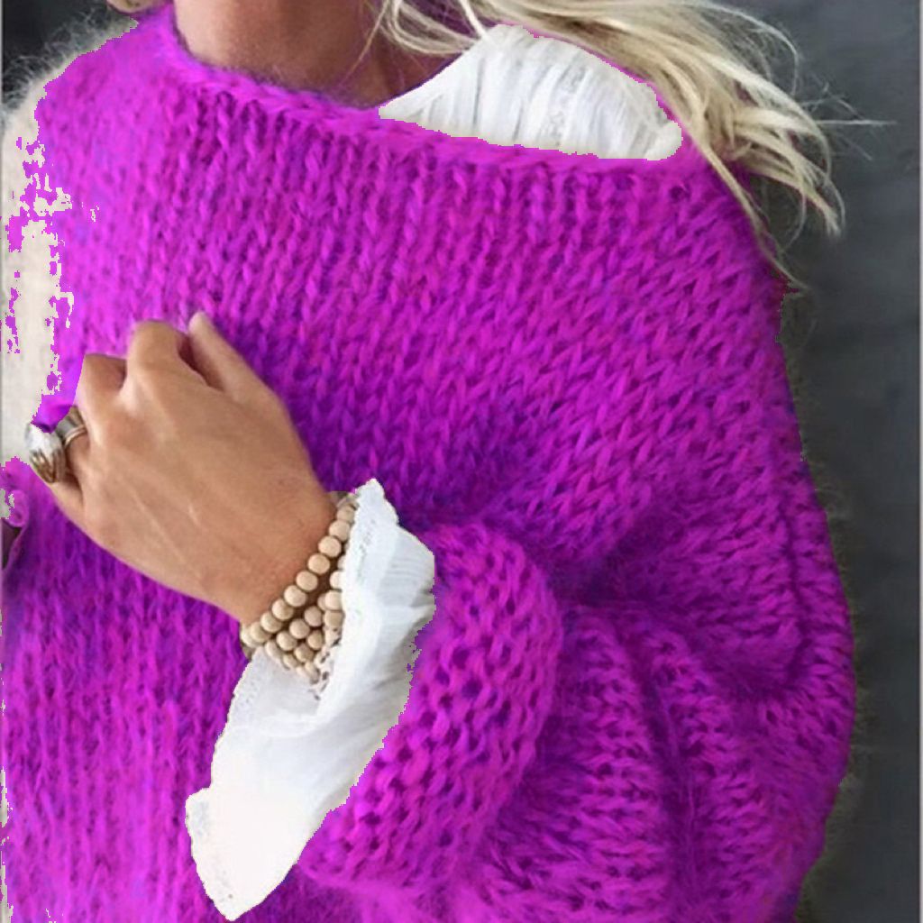 Damen Kurzgeschnitteter flauschiger Grobstrickpullover mit überschnittener Schulter – Mavelle