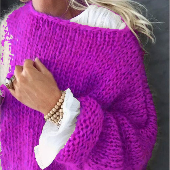 Damen Kurzgeschnitteter flauschiger Grobstrickpullover mit überschnittener Schulter – Mavelle