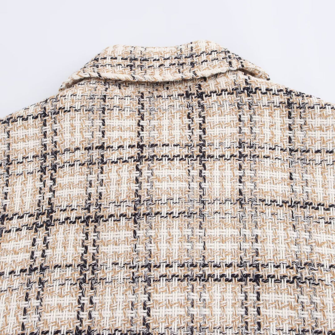 Damen Cropped Bouclé‑Übergangsjacke mit kastigem Boxy‑Schnitt, Hemdkragen und dekorativen Knöpfen Echoarchiv