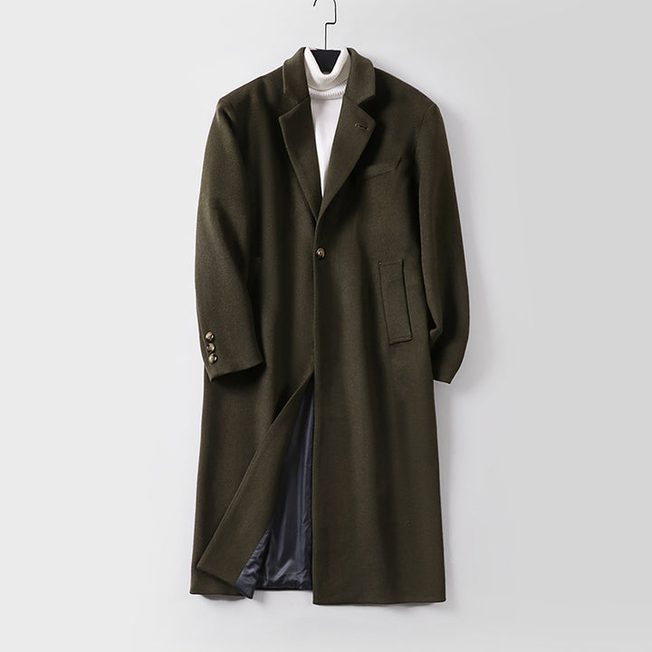 Herren Eleganter langer Einreiher-Wollmantel mit schmalem Revers und taillierter Silhouette Echoarchiv