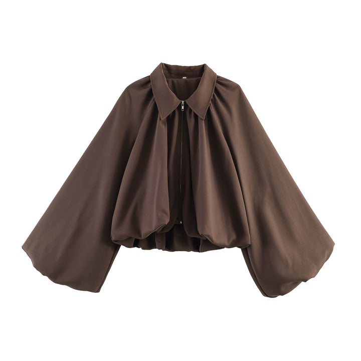 Damen Kurze Cape-Jacke mit voluminösen Ballonärmeln, Stehkragen und Reißverschluss Echo Archiv