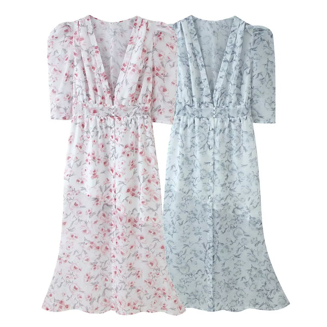 Damen Chiffon-Midikleid mit floraler Allover‑Optik, V‑Ausschnitt und geraffter Taille Echo Archiv