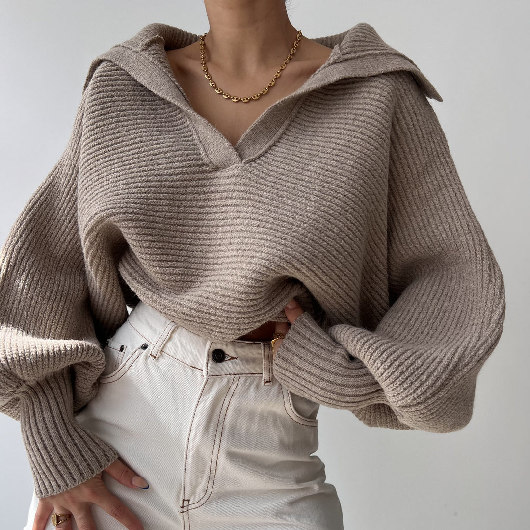 Damen nan Grobstrick-Pullover mit weitem Kragen und V-Ausschnitt Echo Archiv