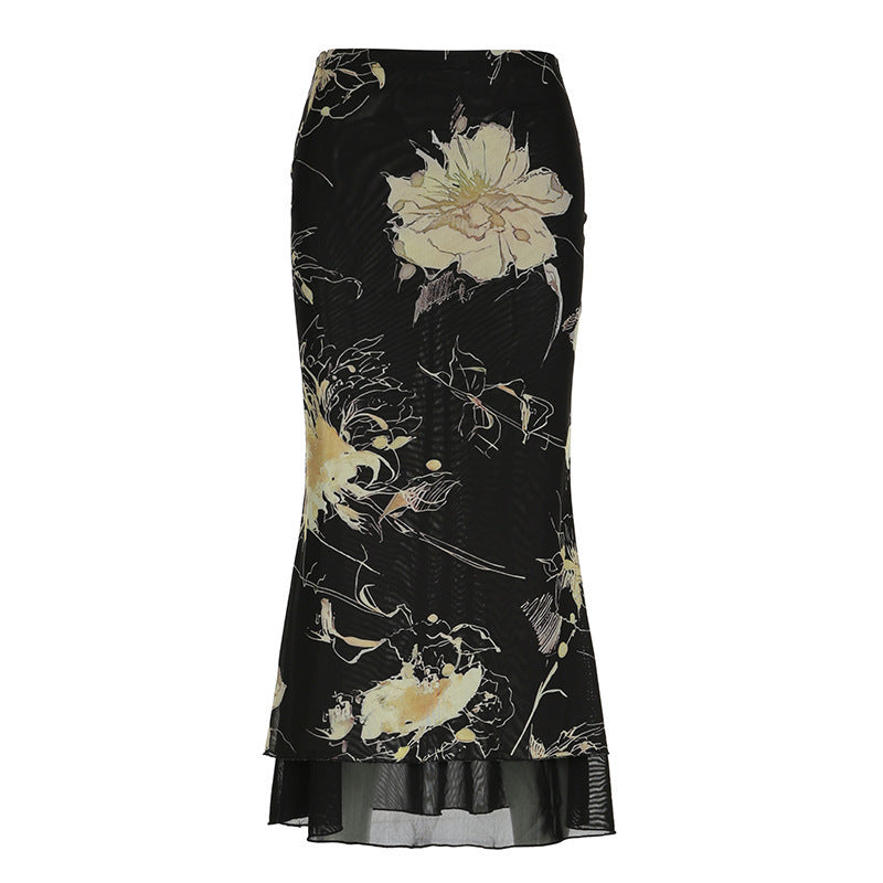 Damen Eleganter Maxirock mit floralem Muster und transparentem Untergrund Echo Archiv
