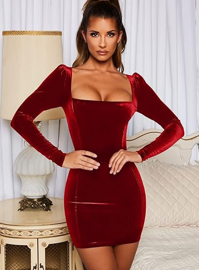 Damen Figurbetontes Samt-Minikleid mit quadratischem Ausschnitt und leichten Puffärmeln – Élara