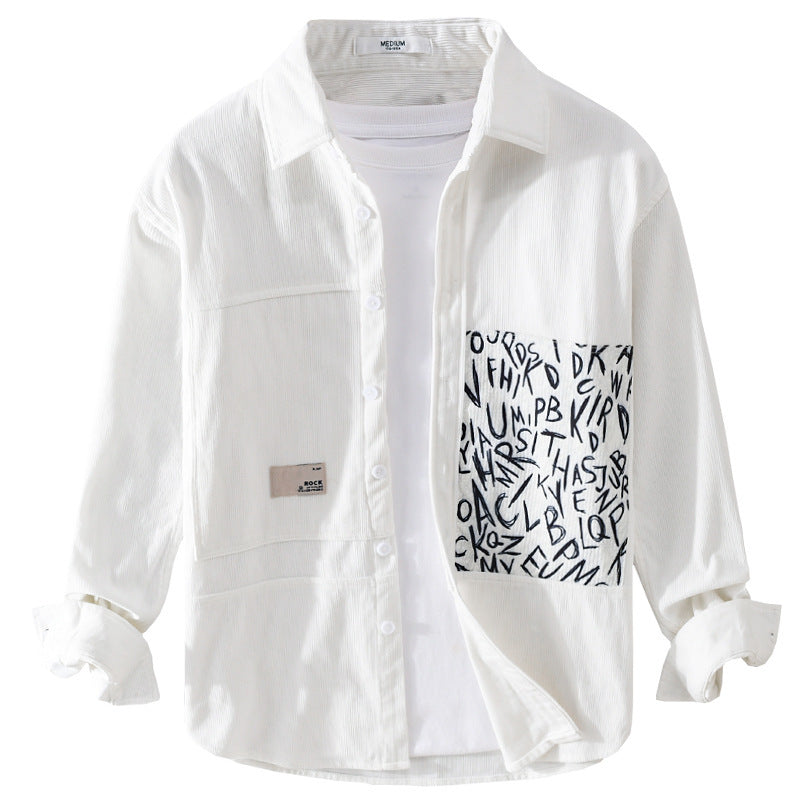 Herren Leichtes Cord-Hemdjacken-Overshirt mit Letterprint-Brusttasche und Relaxed Fit Echoarchiv