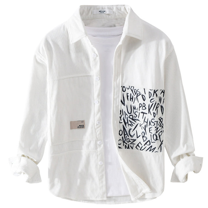 Herren Leichtes Cord-Hemdjacken-Overshirt mit Letterprint-Brusttasche und Relaxed Fit Echoarchiv