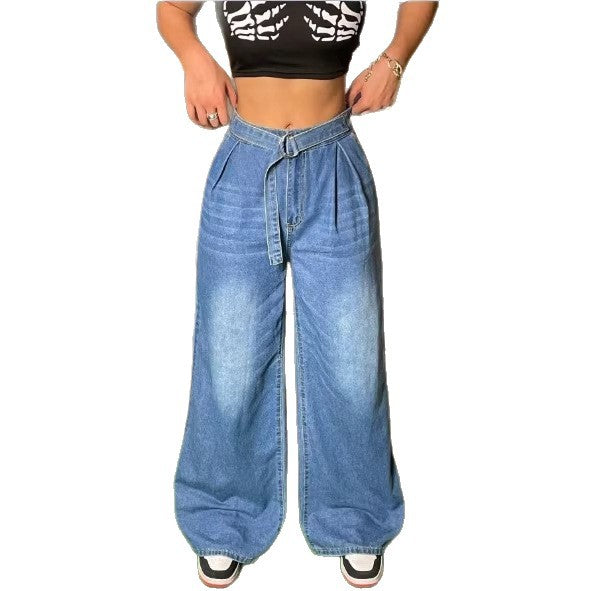 Damen weite High‑Waist Palazzo-Jeans aus Stretch-Denim mit Bundfalten & Bindegürtel Echo Archiv