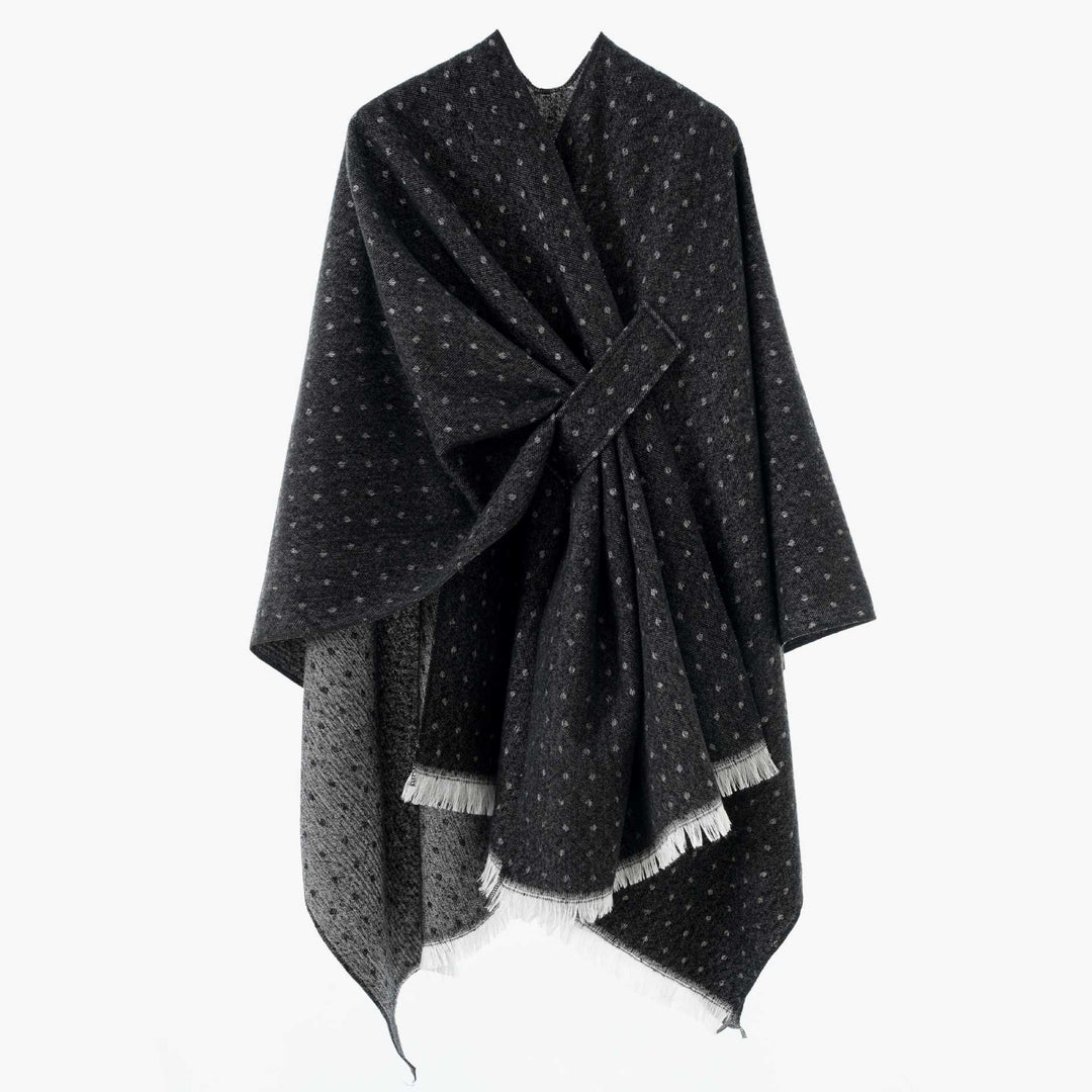 Damen Umlegbarer Wollmix-Poncho mit Hahnentritt-Jacquard und Bindegürtel Echo Archiv