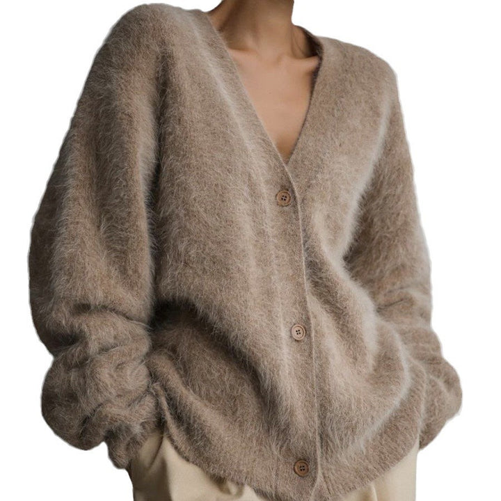 Damen Kuscheliger Oversize-Cardigan aus Teddy-Strick mit tiefem V-Ausschnitt – Veloura
