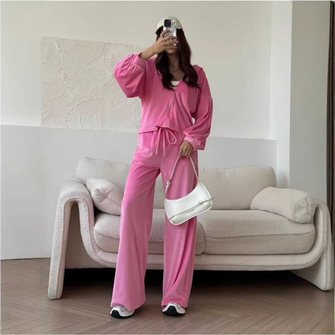 Damen luxuriöses Velours-Lounge-Set mit kurzem Reißverschluss-Hoodie und weitem High-Waist-Hose – Auréline