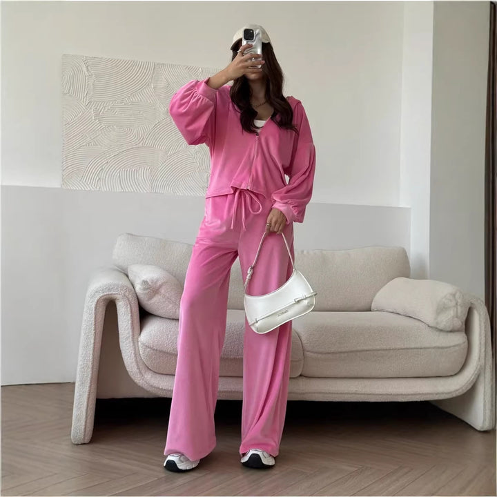 Damen luxuriöses Velours-Lounge-Set mit kurzem Reißverschluss-Hoodie und weitem High-Waist-Hose – Auréline