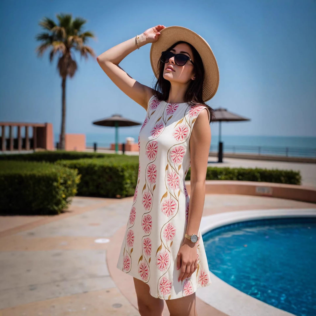 Damen Leichtes Ärmelloses Shift‑Midikleid mit zartem Blumenprint und geradem Ausschnitt – Élara