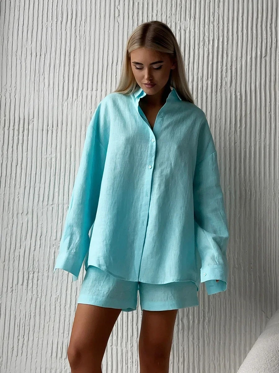 Damen lässige Leinenbluse und Shorts Set Echoarchiv