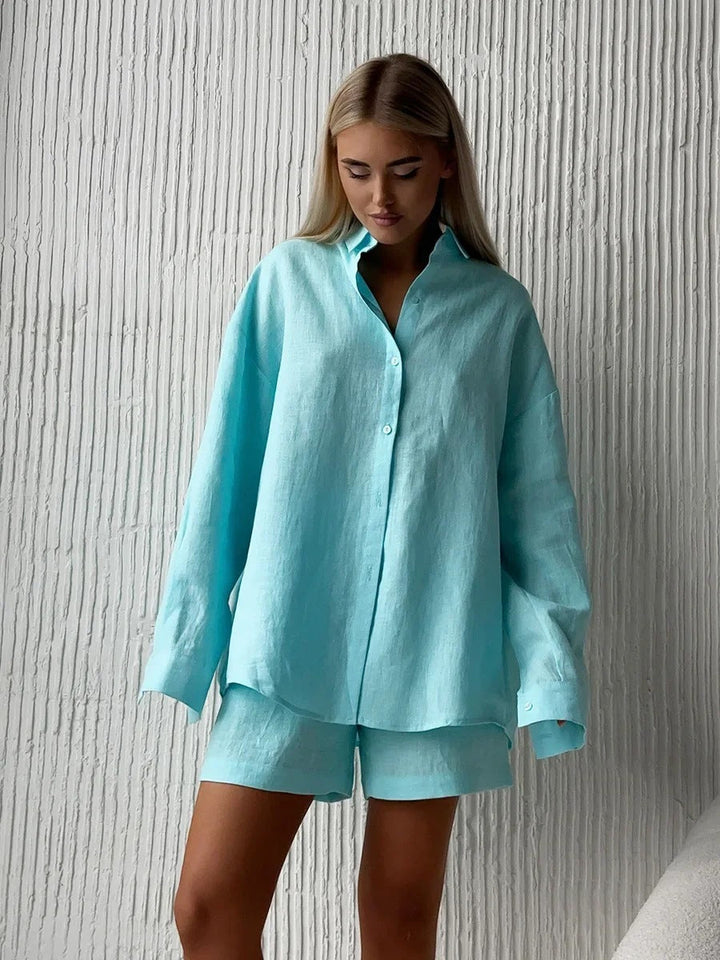 Damen lässige Leinenbluse und Shorts Set Echoarchiv
