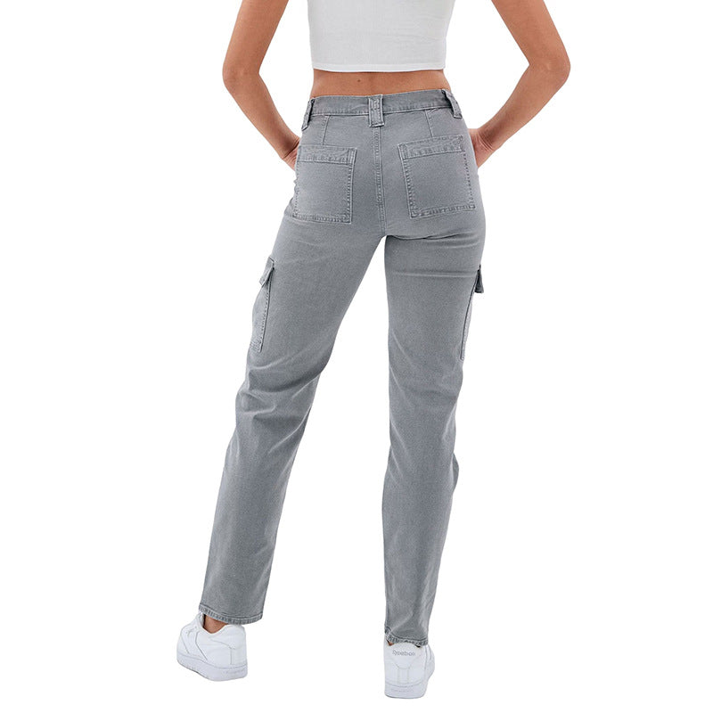 Damen Hochtaillierte Cargohose aus Denim mit geradem Bein und Mehrfachtaschen Echo Archiv