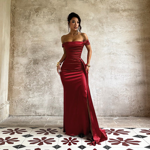 Damen Elegantes Off-Shoulder-Maxikleid aus luxuriösem Satin Echo Archiv
