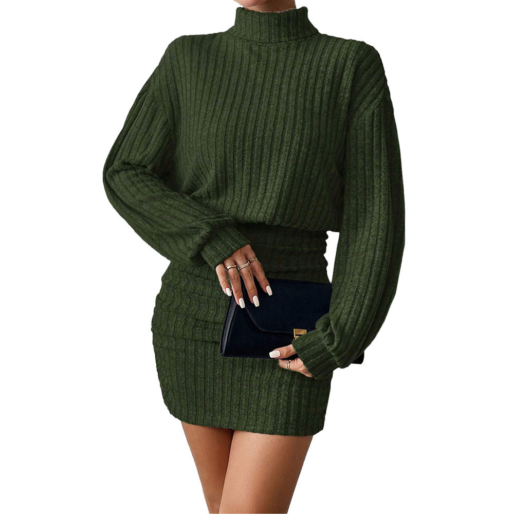 Damen gestricktes zweiteiliges Set mit Rollkragenpullover, geripptem Sculpting‑Minirock und Oversize-Ärmeln – Élanora
