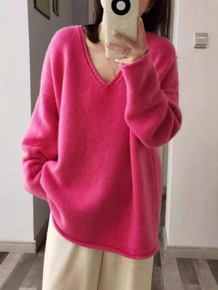 Damen Oversize V‑Ausschnitt Pullover im Mohair‑Look mit überschnittener Schulter und gerundetem Saum Echoarchiv