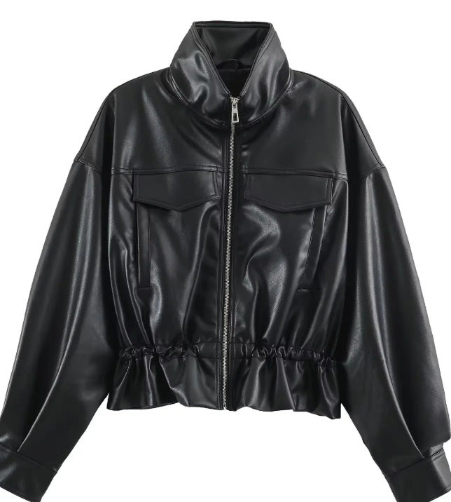 Damen Cropped Kunstleder‑Blouson mit Stehkragen, Pattentaschen und Tunnelzugtaillierung Echo Archiv